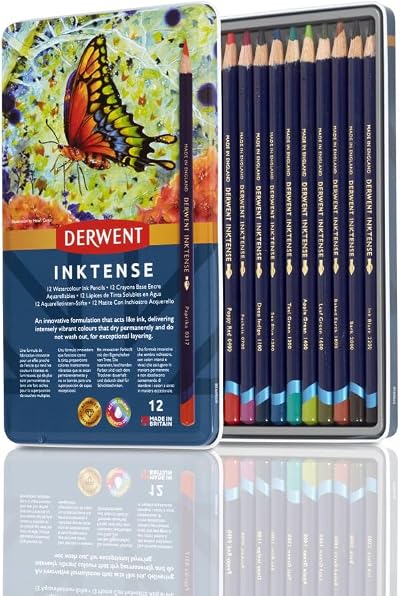 Derwent Inktense Permanent Watercolour Pencils 12 Set in Tin 4mm Core