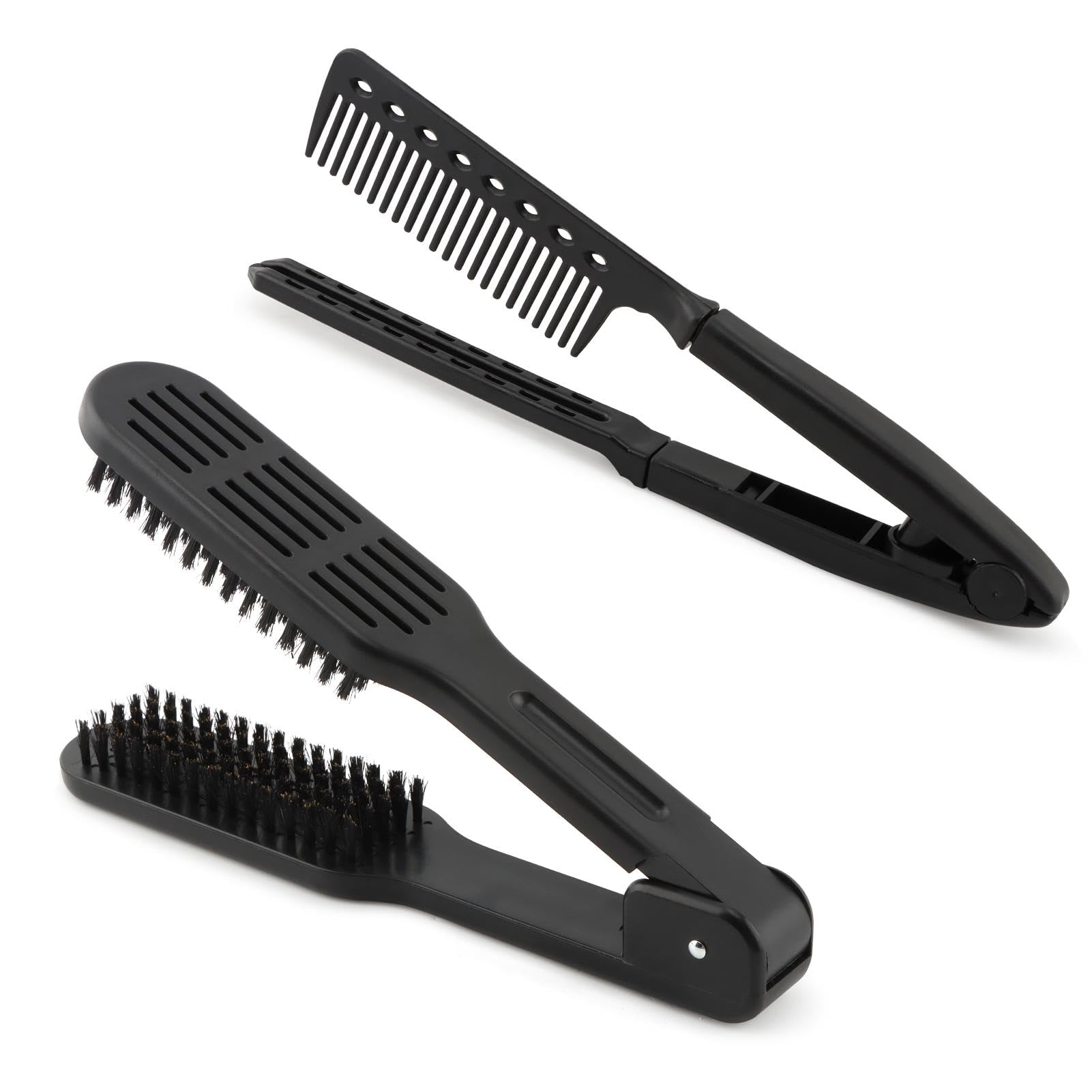 Photo 1 of 2pcs Boar Bristle Hair Comb For Straightening, Hair Brush Straightener Detangler, Double Sided Clamp Brush and Flat Iron Comb for Straightening Knotty, Unkempt Hai-r(COLOR:Black)