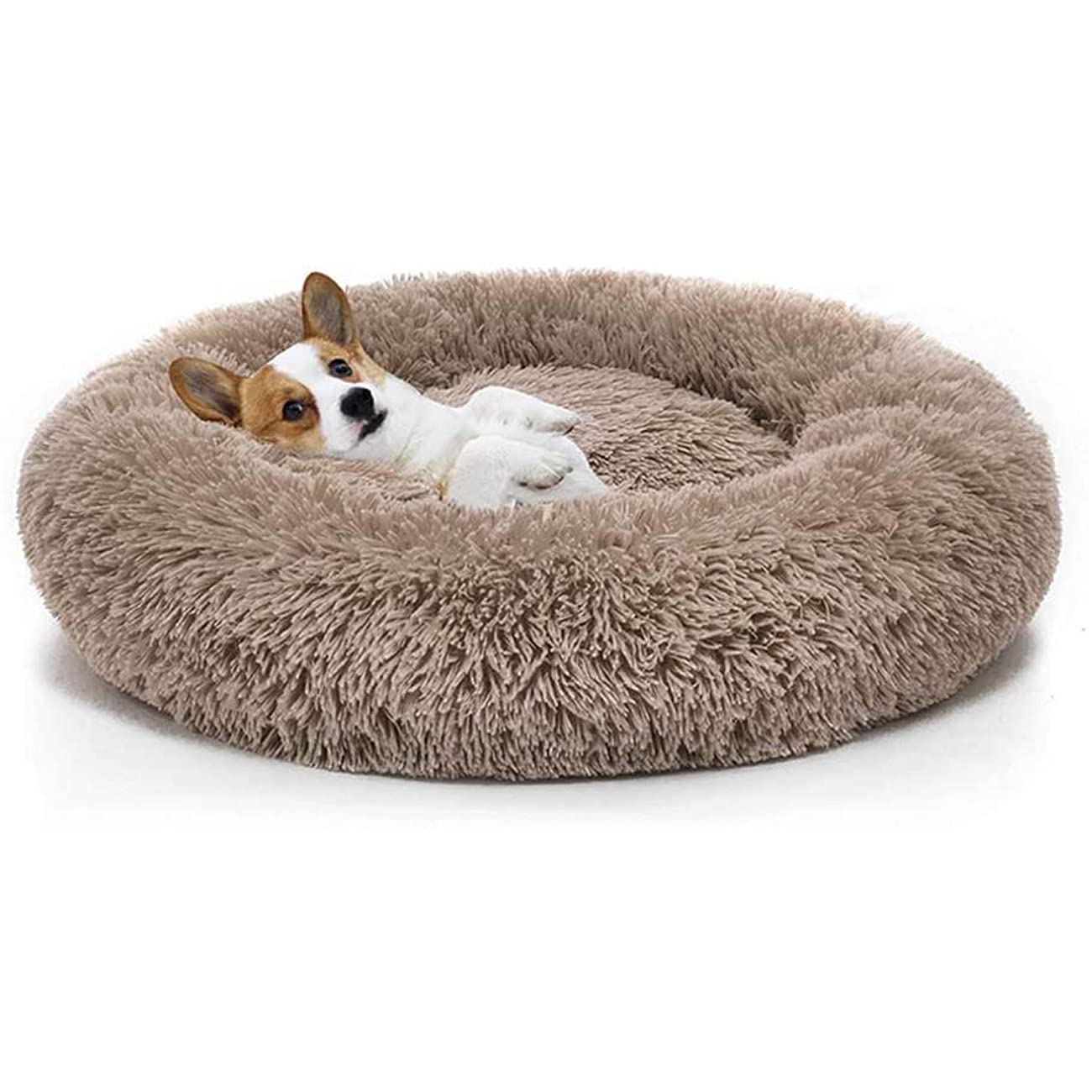 SKRORS Dog Bed Long Plush Calming Pet Bed, Round Plush Cat Dog Bed,Washable Self-Warming Pet Bed for Warm Sleeping (70,Brown)