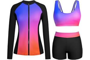 Holipick Women 3 Piece Rash Guard with Built in Bra Long Sleeve Swimsuit with Shorts Zipper SPF Swim Shirts
