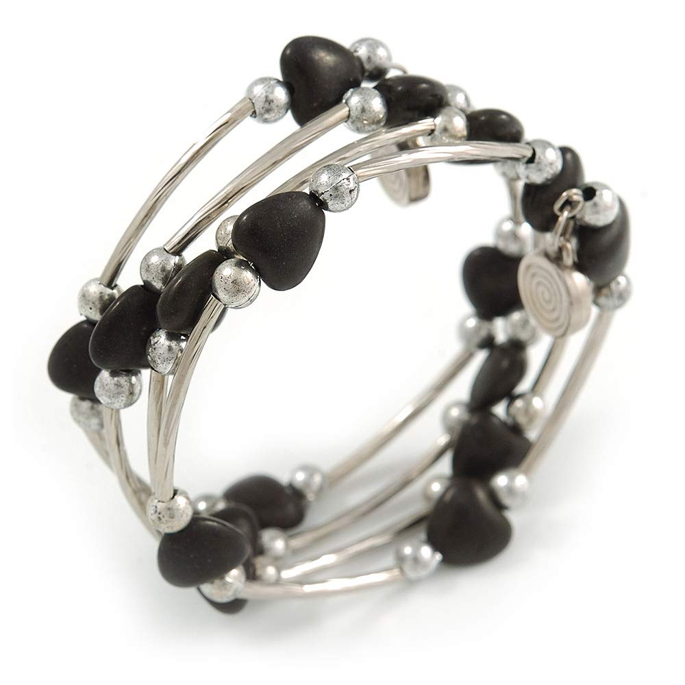 Avalaya Multistrand Black Acrylic Heart Bead Coiled Flex Bracelet In Silver Tone - Adjustable