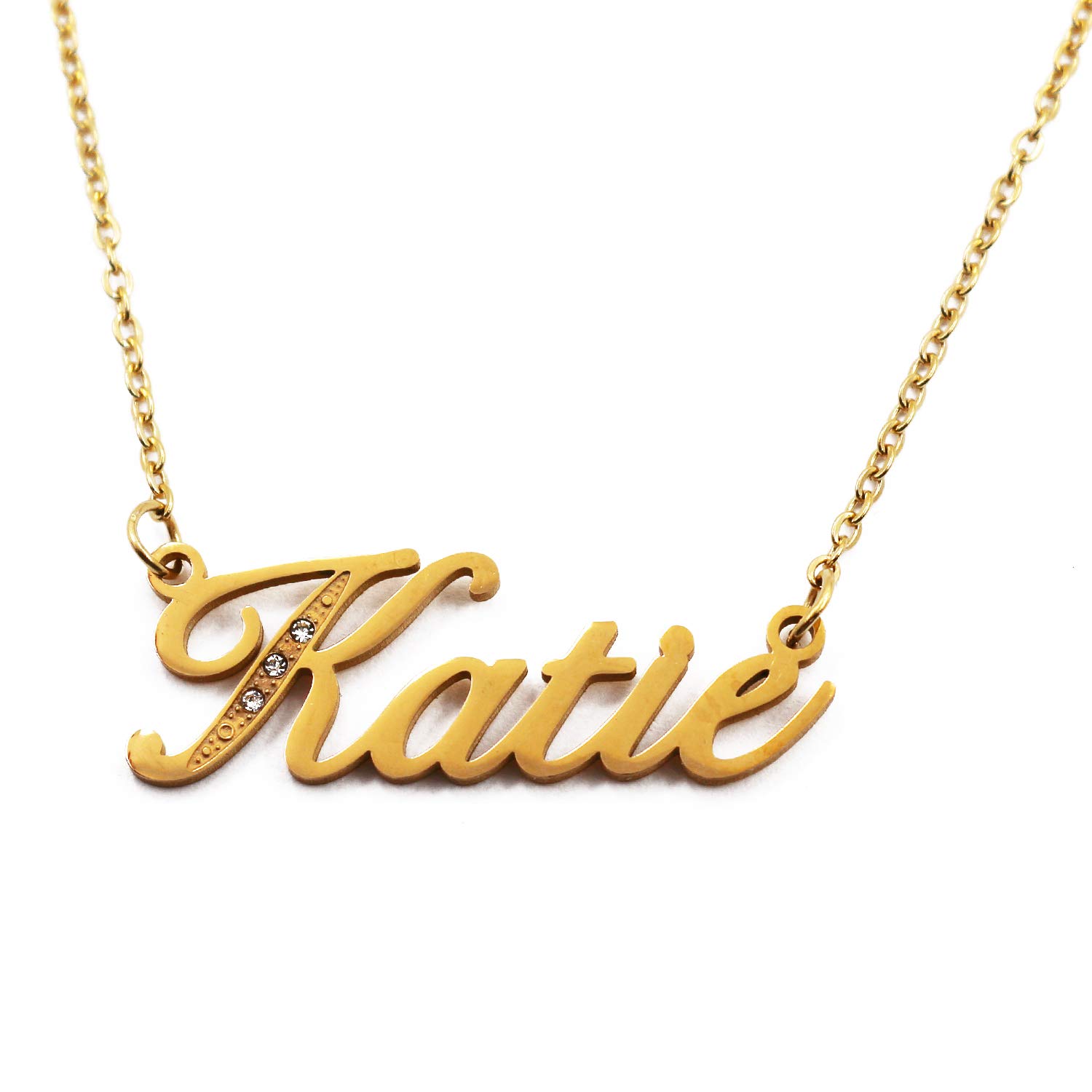 Katie Italic Personalised Name Necklace With Cubic Zirconia Gold Plated, Custom Dainty Name Pendants, Jewellery for Ladies, Girlfriend, Mother, Sister, Friends