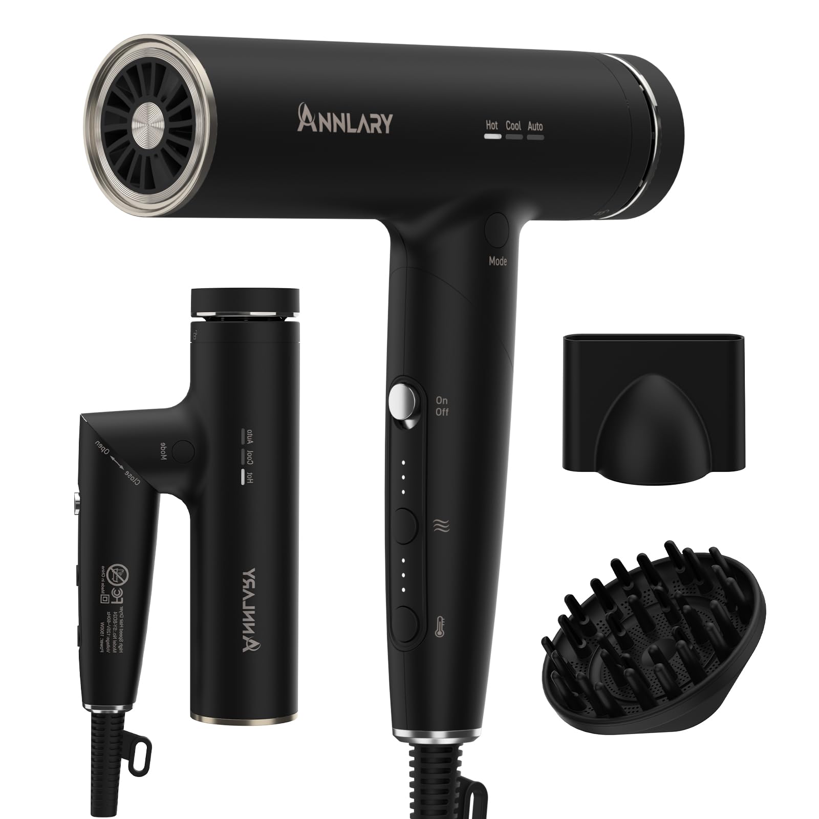 Photo 1 of * factory seal *Annlary Foldable Hair Dryer with Diffuser, 110,000 RPM Professional High Speed Blow Dryer with Plasma Ion, 6.5Ft ALCI Cord, Concentrator & Diffuser for Men and Women, Lightweight for Travel/Home