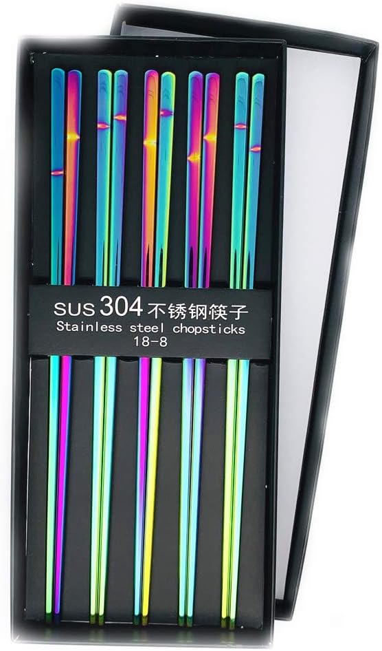 Chopsticks: Koolemon 5pairs Polished Multicolor Rainbow 304 Stainless Steel Chopsticks Set,Metal Chopsticks Reusable, Dishwasher Safe, 9.5inch