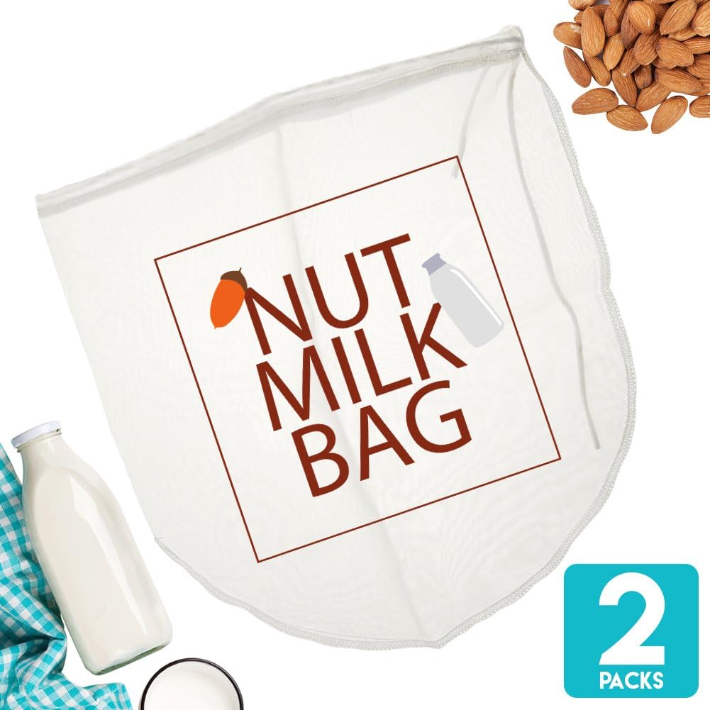 Nut Milk Bag | 2 Pcs XL (12 x 12 Inch) Almond Milk Bag with Super Fine Mesh All Purpose Strainer | Durable Reusable Food Grade Nylon Cheesecloth Cold Brew Coffee and Juice Filter | 1542