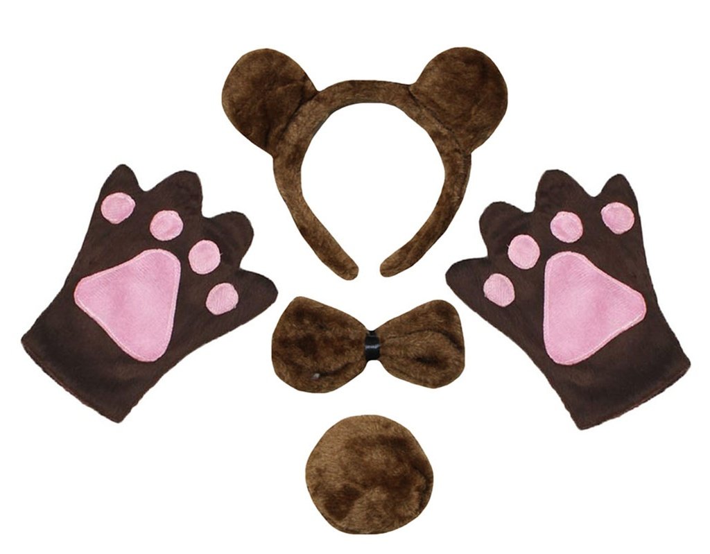 Petitebelle Bear Headband Bowtie Tail Gloves 4pc Adult Costume (Brown/Round Tail, One Size)