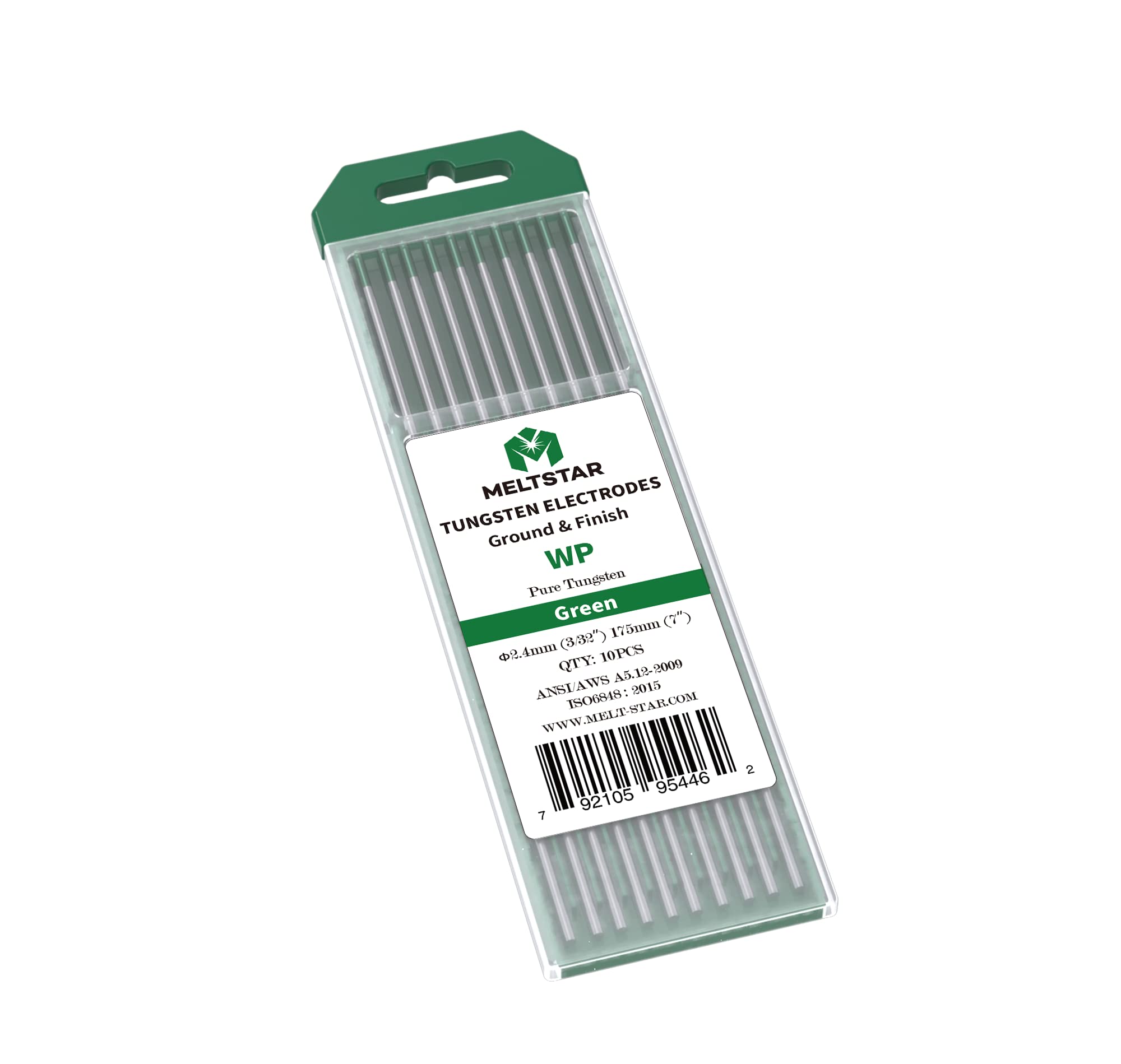 MELTSTAR WP20 Green Pure Tungsten TIG Tungsten Electrode Electrode Diameter 2.4 x 175 mm Pack of 11 Radiation-Free Professional Electrode for TIG Welding, Polishing and Grinding