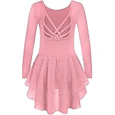 Arshiner Girls Long Sleeve Ballet Leotards with Shinny Skirts Criss-Cross Back Dance Dresses