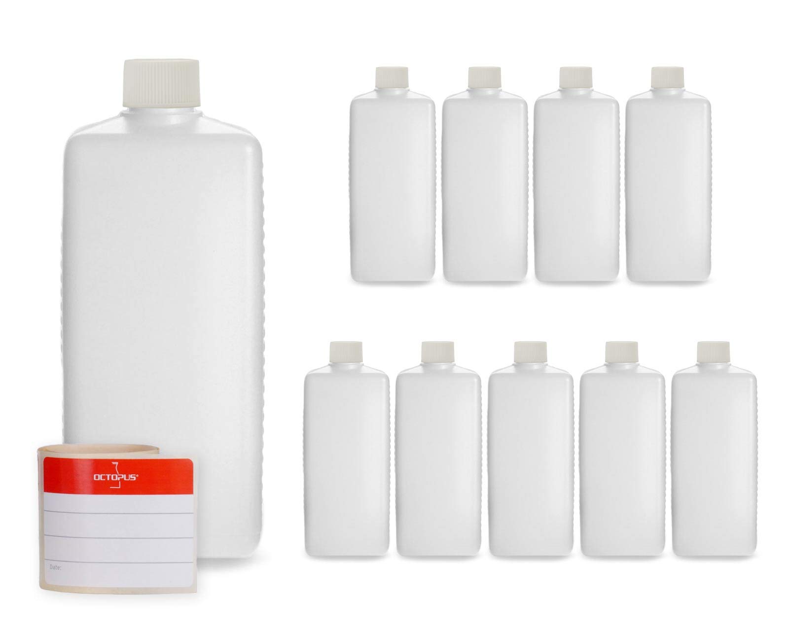 Octopus 10x 500 ml HDPE Plastic Bottles with White Screw Caps, Square Bottles Including Labels