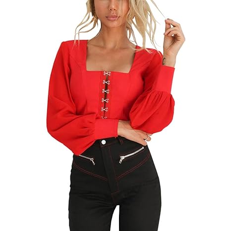 IMJONO Bluse Damen elegant Frauen Spitze Mode Vintage,Frauen-Lange Laternehülse Feste Bandage rückenfreie Bogen-Blusen-Spitze