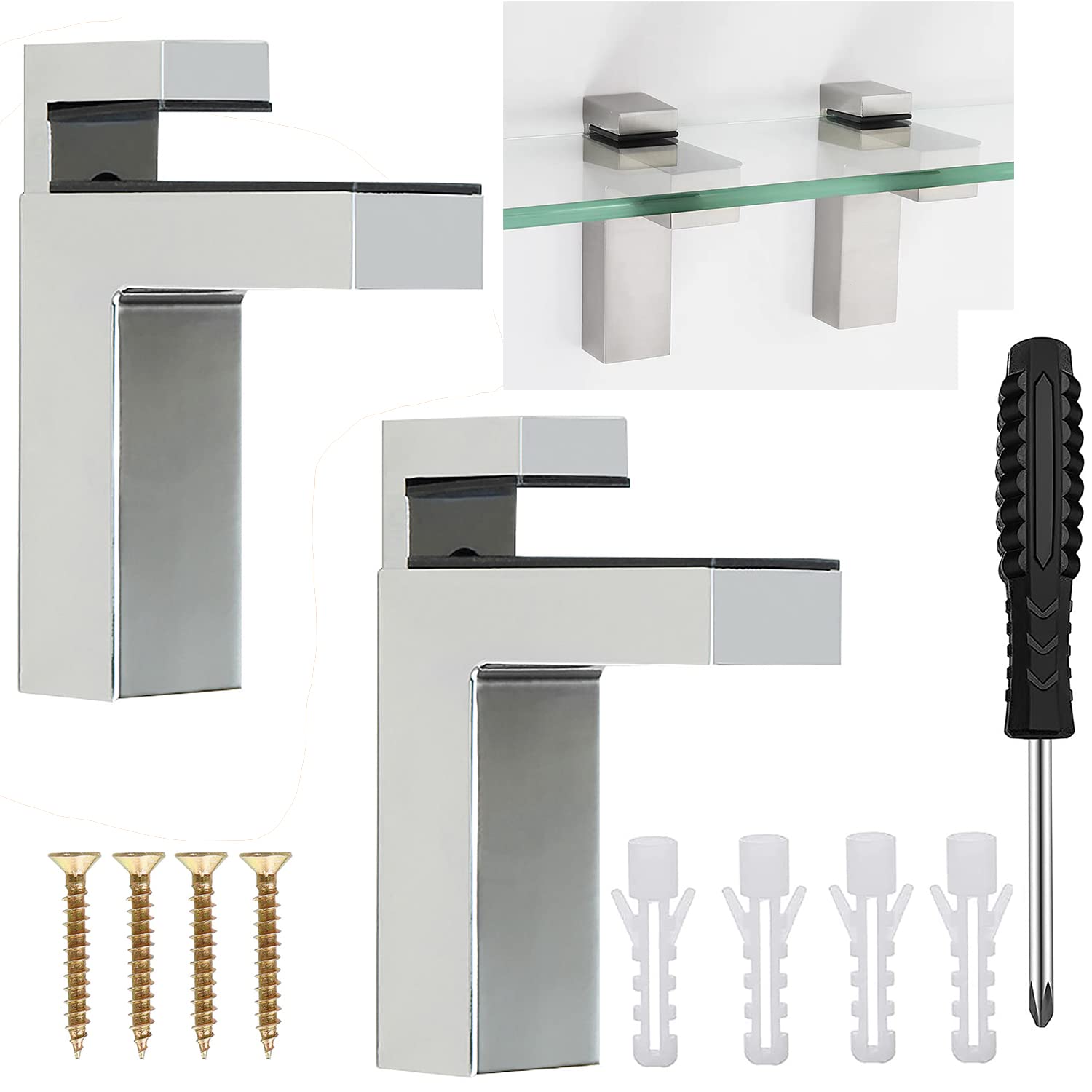 WeqeYent 2 PCS Large F Shape (98 x 76 mm) Black Adjustable Wood/Glass Shelf Brackets,Wall Mounted Glass Shelf Holders with Screwdriver,Floating Glass Clamp,Fit 5-30mm Shelves(Silver)