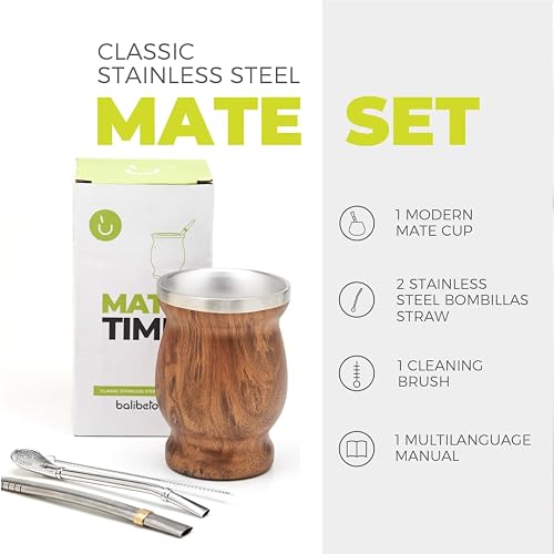 Set Maté BALIBETOV - 2 Gourdes Acier Inoxydable + 2 Bombillas + Brosse - Double Paroi Isotherme - 325ml - Sans BPA - Noir