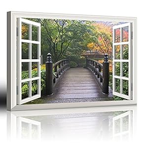 Modern White Window Looking Out Into a Bridge Surrounded by Orange, Yellow, and Green Trees - Canvas Art Home Art - 24x36 inches