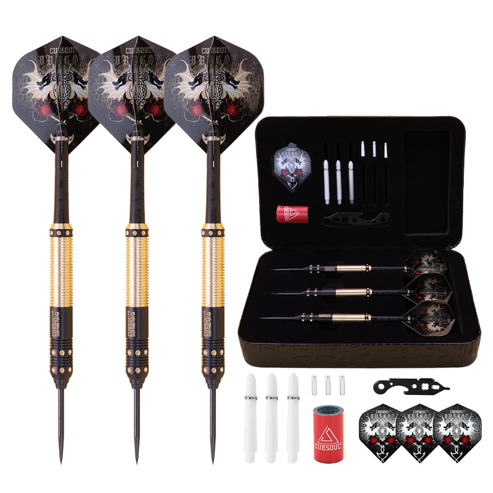 CUESOUL Dragon Series 23 Grams Professional Steel Tip Darts Set Brass Barrels Shockproof Deluxe PU Carry Case Nylon Shafts Well Balanced (JL-SL-J2105L)