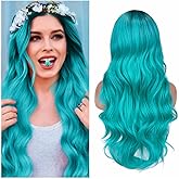 Quantum Love Ombre Bluish Green Wigs Long Curly Wavy Teal Blue Side Part Wig 2 Tones Dark Roots Synthetic Daily Party Cosplay Wigs for Women