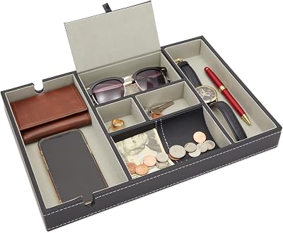 Juvale Valet Tray, Black PU Leather, 6 Compartments, 35x24x4 cm