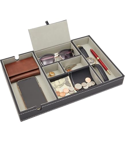 Amazon.com: Baoyun Leather Valet Tray Organizer Nightstand Dresser Top Box  Edc Tray with 5 Compartment for Men&Women : Clothing, Shoes & Jewelry