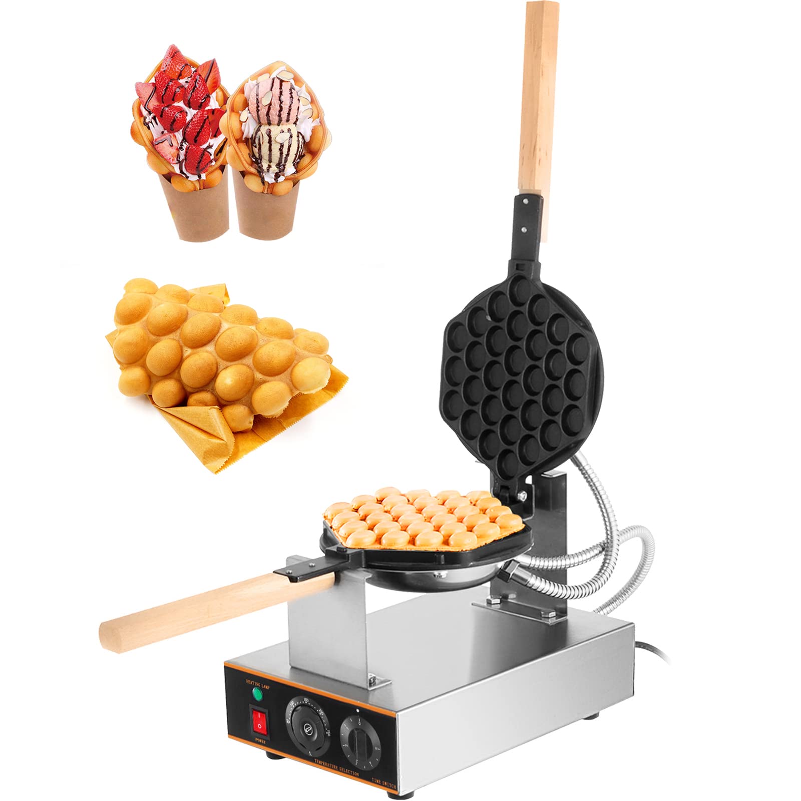 Photo 1 of ** VERY USED/ DIRTY **VEVOR Commercial Bubble Waffle Maker, 1400W Egg Bubble Puff Iron w/ 180° Rotatable 2 Pans & Wooden Handles, Stainless Steel Baker w/Non-Stick Teflon Coating, 50-250?/122-482? Adjustable