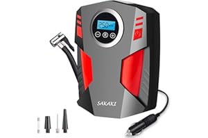 SAKAKI Tire Inflator Portable Air Compressor Car Tire Pump with 3 Nozzle Adaptors and Digital LED Light DC 12V Electric Car Air Pump for Car Tires and Other Inflatables Red