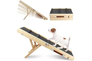 TNELTUEB Adjustable Dog Ramp, Wooden Folding Portable Pet Ramp,Rated for 30 LBS, 32.6" Long and Adjustable from 10" to 19" with Non-Slip Traction Mat, Dog Step for Bed, Couch,Car (Grey)