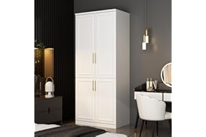 FAMAPY 4 Door Wardrobe Closet with Shelves, Armoires and Wardrobes Armoire Wardrobe Closet with Hanging Rod, Gold Metal Handles, Bedroom Armoire Closet White (31.7”W x 19.3”D x 74.9”H)