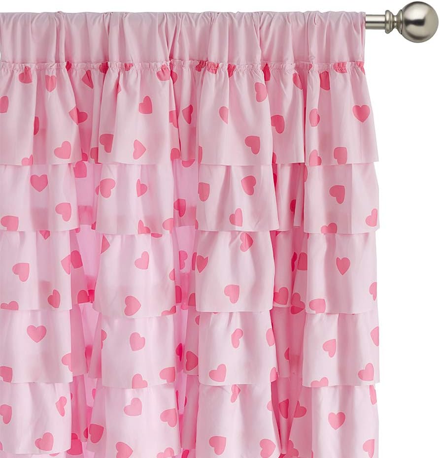 Kotile Ruffle Curtain Pink - Heart Pattern Soft Rod Pocket Curtain for Girls Room, 52 x 84 Inch, 1 Panel