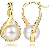 SREEOWER Pearl Earrings for Women Gold Hoop Earrings Solitaire 14K Gold Earrings for Women Teardrop-Shaped with Twisted Lines Eye-catching Pearl Drop Dangle Hoop Earring for Womens