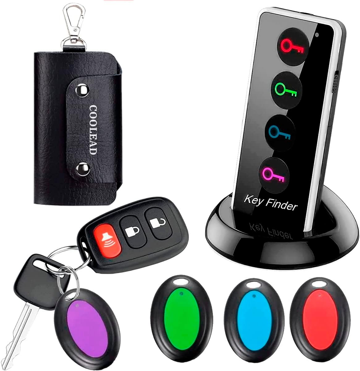 Key Finder With 4 Receivers, LED and Base Support - Wireless RF Remote Item Tracker for Keys, Wallet
