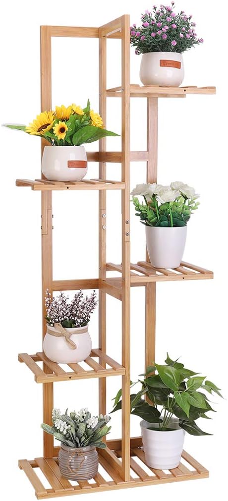 Medla Blumenregal aus Bambus, Blumentreppe 6 Ablagen, stehendes Pflanzenregal Gartenregal, für Wohnzimmer Balkon Garten Indoor Outdoor, 40x20x102cm