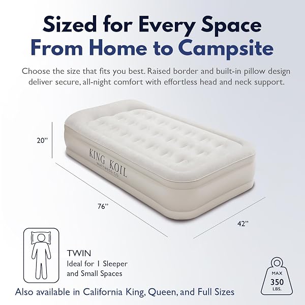 KING KOIL PLUSH PILLOW TOP TWIN AIR MATTRESS WITH BUILT-IN HIGH-SPEED PUMP FOR CAMPING, HOME & GUESTS – 20” TWIN SIZE AIRBED LUXURY INFLATABLE BLOW UP MATTRESS, WATERPROOF, 1-YEAR WARRANTY