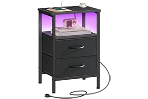 HOOBRO Nightstand with Charging Station and LED Light, Night Stand with 2 Fabric Drawers and Open Storage, Bedside Table with
