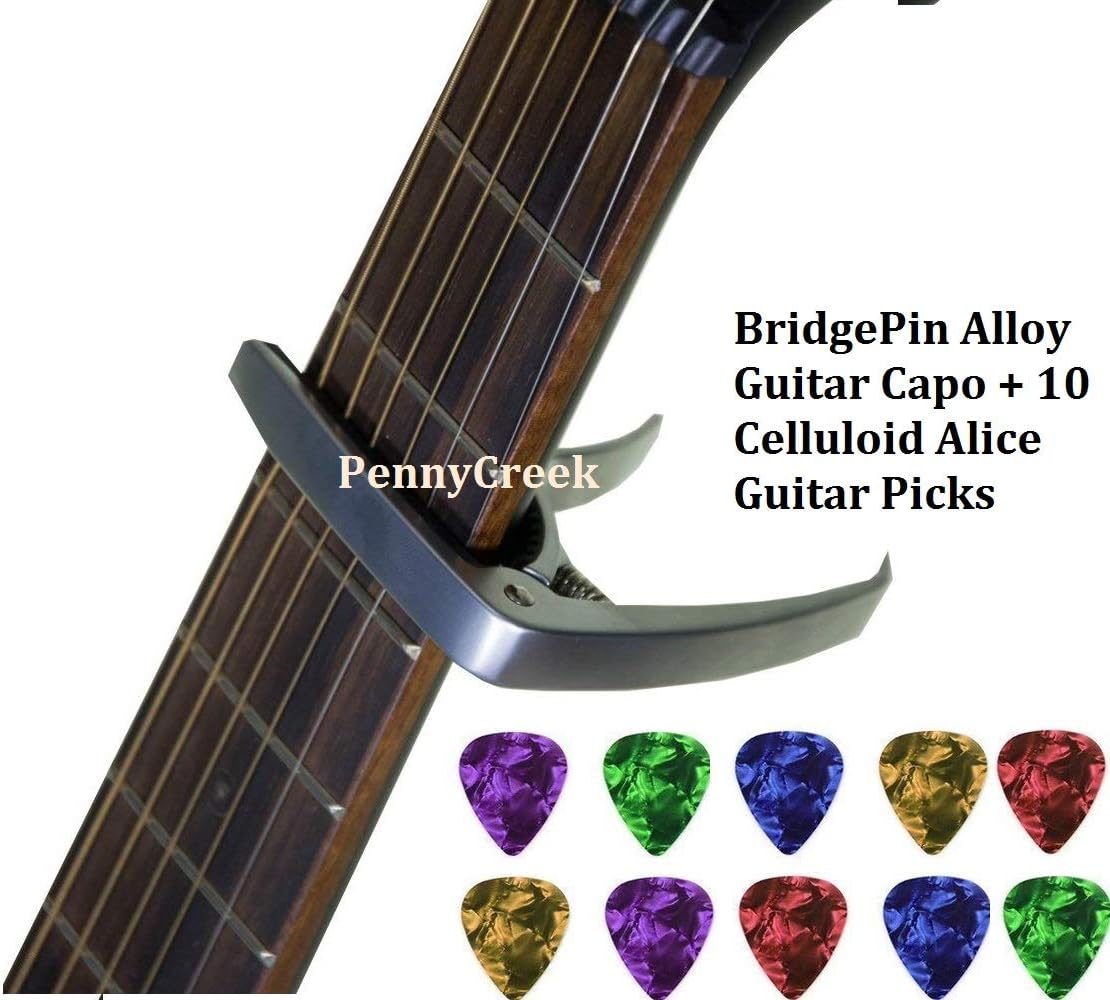 PennyCreek Alloy Guitar Capo With BridgePin Remover with 10 CelluLoid Alice Guitar Picks for Acoustic Guitar, Electric…
