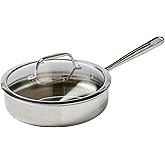 T-Fal Pro Tri-Ply Stainless Steel Saute Pan with Lid, 3 Quart, Induction Pot, Oven Safe 500F, Lid 350F, Deep Frying Pan, Fast & Even Heat, Professional Quality, Durable, Silver