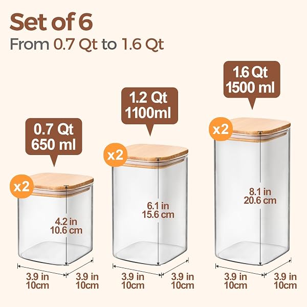 COMSAF GLASS PANTRY STORAGE CONTAINERS (0.7QT/1.2QT/1.6QT) SET OF 6, GLASS STORAGE CONTAINERS WITH LIDS, KITCHEN FOOD STORAGE JAR, SQUARE GLASS JARS FOR FLOUR CEREAL SUGAR TEA COFFEE BEANS SNACKS