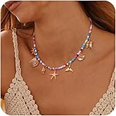 REVOLIA Beaded Charm Necklace for Women Boho Starfish Choker Necklace Colorful Summer Beach Surfer Beaded Necklace Seashell Conch Pendant Necklace Jewelry