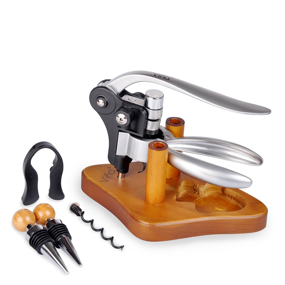 Rabbit Wine Bottle Opener Set with Bamboo Stand, 5 Piece Lever Corkscrew Remover, 2 Wine Stoppers, Foil Cutter, Extra Teflon Spiral, Best Gift for Wine Lover by Vina