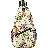 LOSTORCHI Pineapple Crossbody Sling Bag for Women Men Tropical Fruits Hibiscus Flowers Leaves and Pineapple Travel Sling Backpack Casual Shoulder Bag Summer Hawaiian Style Gym Sports Hiking Daypack