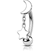 Agrewd Moon and Star G23 Solid Titanium Rook Earrings 16G Dangle Eyebrow Rings for Women Eyebrow Rook Piercing Jewelry Surgical Steel Curved Barbell