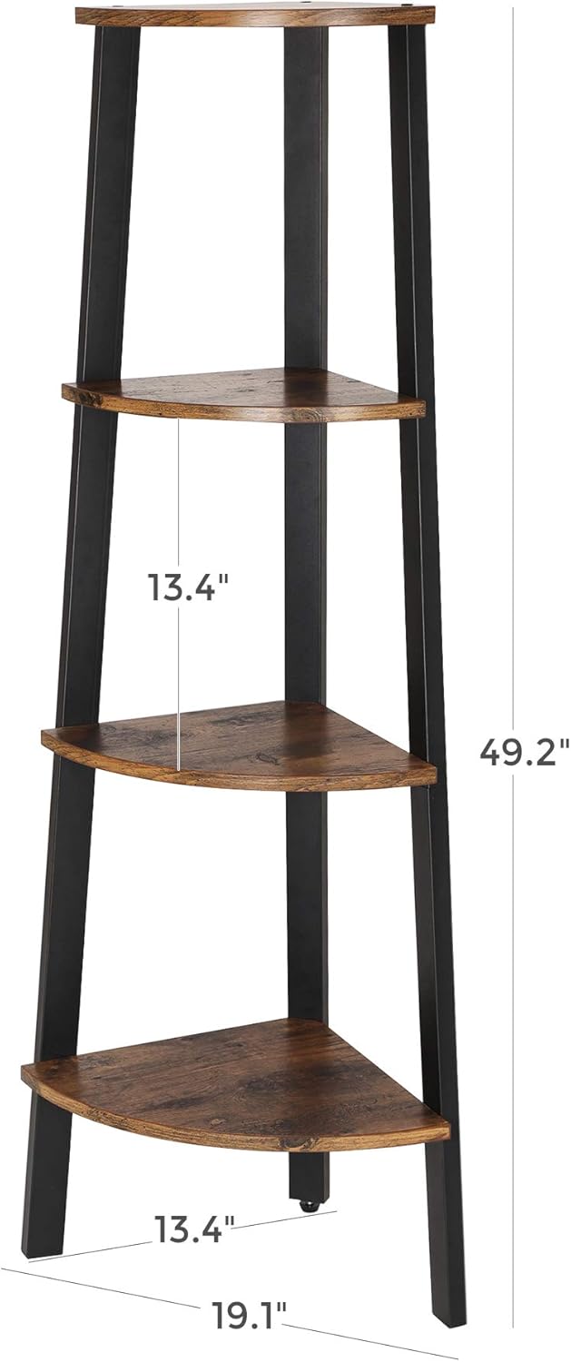 VASAGLE Industrial Corner Shelf, 4-Tier Bookcase, Storage Rack, Plant Stand for Home Office, Wood Look Accent Furniture with Metal Frame, Rustic Brown ULLS34X: Home & Kitchen