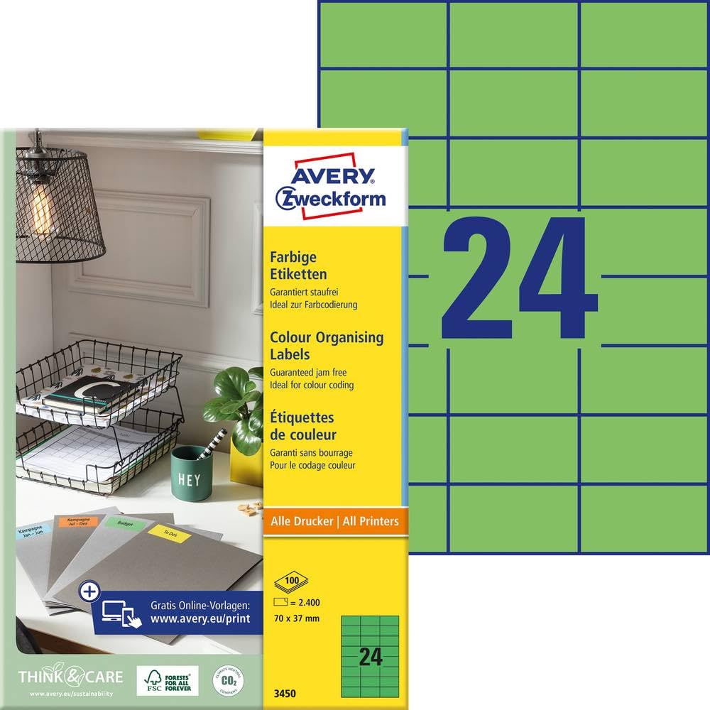 Avery Zweckform Universal Labels 70 x 37 mm for All A4 Printing Green