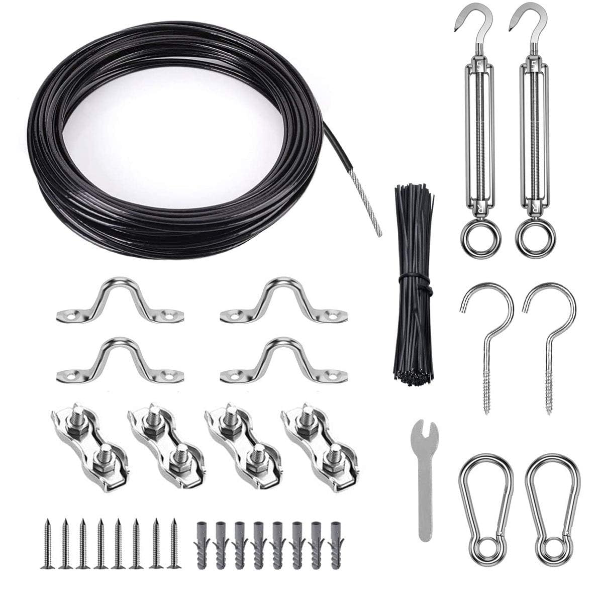 TooTaci Outdoor String Light Hanging Kit, 30M/ 2.5mm Black Steel Guide Wire PVC Coated with M5 Stainless Steel Turnbuckles & Rope Clamps Anti-sagging Cable Tensioner Kit for Patio Strings Lights
