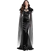 MAOFENG Women's Gothic Evil Queen Costume Demon Horns Black Feather Collar Cloak Set for Halloween Cosplay Party