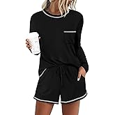 DouBCQ Women's Pajama Sets 2 Piece Long Sleeve Top and Shorts Crewneck Lounge Wear Soft Pjs with Pockets