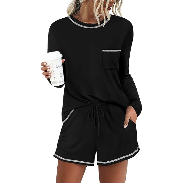 Vrtige Women's 2-Piece Pajama Set – Long Sleeve Pullover & Shorts Lounge Set With Color Trim, Soft & Breathable Sleepwear