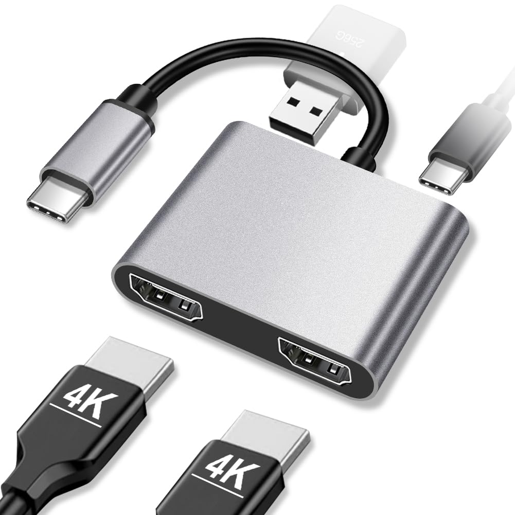 AXFEE Type C to Dual HDMI Adapter Support Dual 4K@60Hz, 4 in 1 Type C Adapter PD 87W Fast Charging HDMI Multiport Adapter Compatible with Thunderbolt 3 for MacBook Pro Air Lenovo Dell HP Chromebook