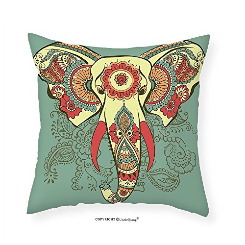 VROSELV Custom Cotton Linen Pillowcase Ethnic Traditional Indian Elephant with Asian Ornamental Floral Cultural Illustration for Bedroom Living Room Dorm Seafoam Yellow 22"x22"