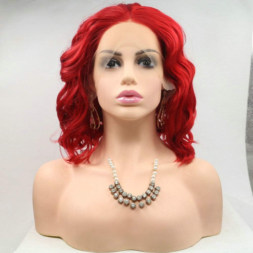 SereneWig Summer Short Hot Red Wigs Bob Wigs for Women Cosplay Daily Use 14Inch Synthetic Lace Front Wigs Red Curly Bobs Synthetic Hair Heat Resistant Fiber Mermaid Red Wigs Shoulder Length