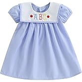 Mobbdow Toddler Girl Back to School Dress Embroidery Short Sleeve Smocked Dress First Day of Preschool Kindergarten Outfit