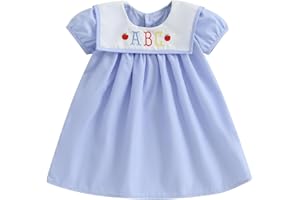 Mobbdow Toddler Girl Back to School Dress Embroidery Short Sleeve Smocked Dress First Day of Preschool Kindergarten Outfit
