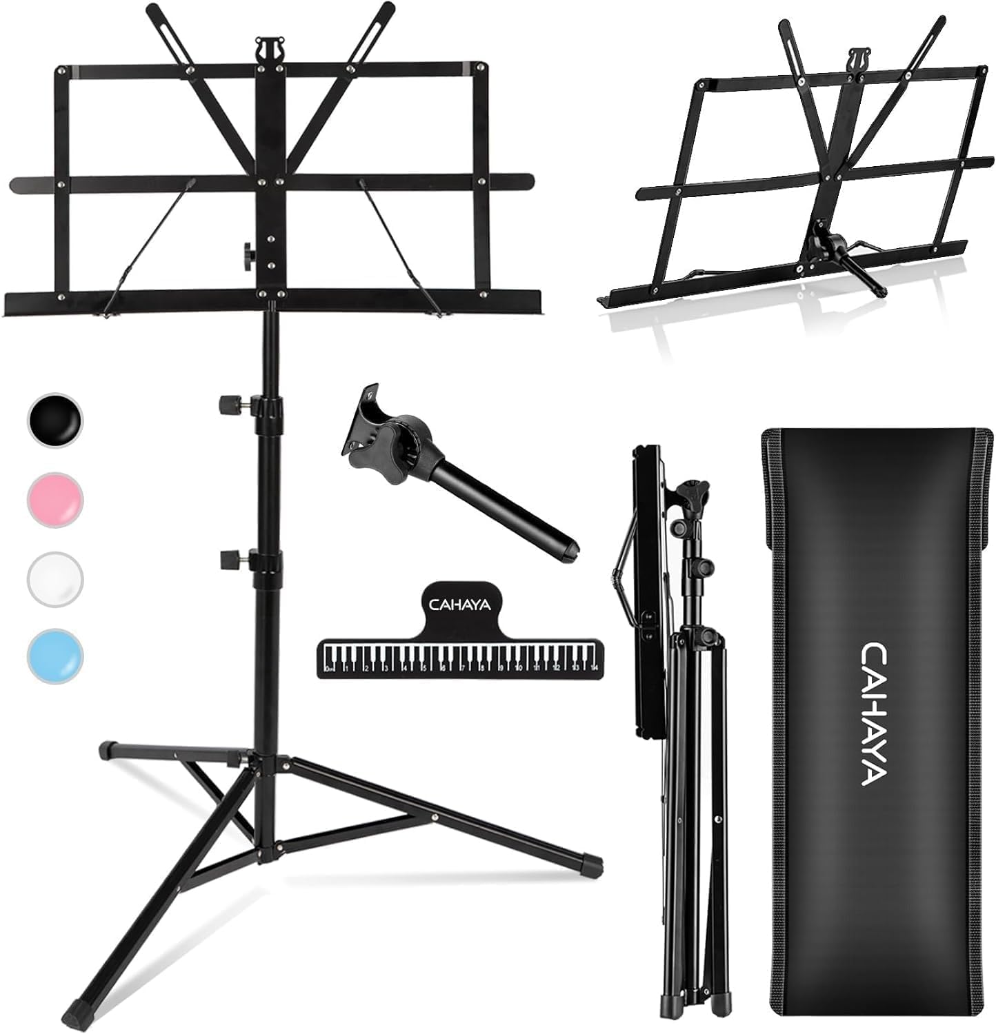 CAHAYA Music Stand Metal Portable - Sheet Music Stand with Carrying Bag, Music Book Clip, Book Stand Lightweight, Laptop Stand Black
